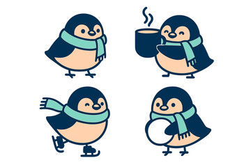 Set of four cute cartoon penguins wearing scarves and enjoying winter activities