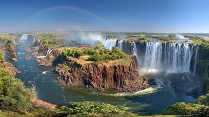 Majestic Waterfalls at Grand Canyon with Rainbow Over Blue Sky and Lush Greenery