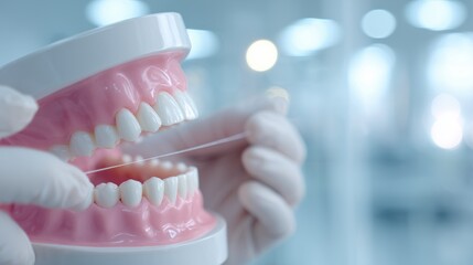Flossing Day. Close-up of a dentist demonstrating proper flossing technique on a dental model, bright clinic environment, professional lighting, clean and modern look