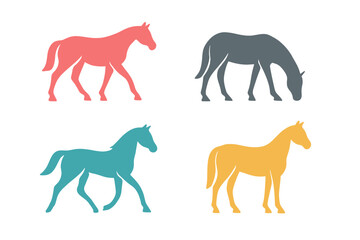 Four stylized horse silhouettes in vibrant colors and dynamic poses isolated on white