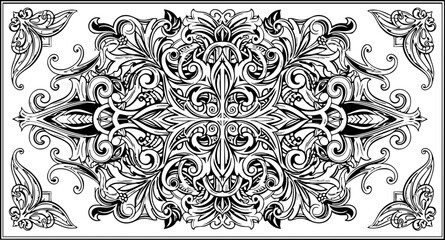 Exquisite black and white ornate damask pattern, intricate flourish design for elegant decorative accents, creating timeless sophistication and luxury.