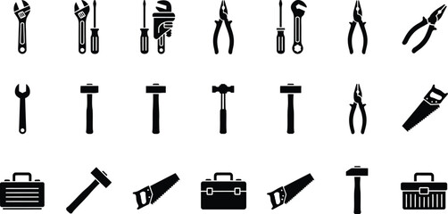Collection of black silhouette icons representing various tools and toolboxes isolated on transparent background