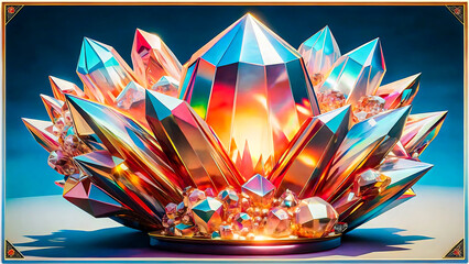 Vibrant rainbow crystal cluster with inner light and faceted gemstones glowing with magical energy