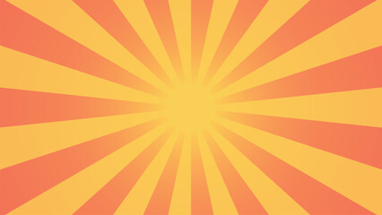 Bright orange and yellow sunburst background with radiant rays spreading from the center. Ideal for retro posters, summer designs, comic-style artwork, or energetic abstract graphic templates.