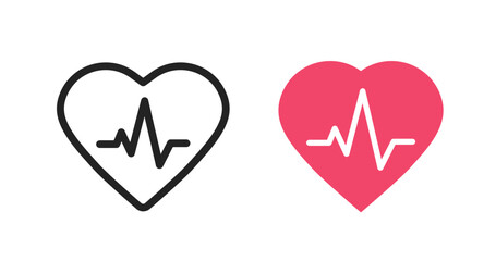 Heart beat icon line stroke outline, heartbeat pulse solid bold flat vector graphic, monochrome and red color cardiac technology sign symbol logo, medical cardio health care image set