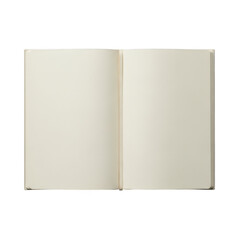 A blank open notebook with cream colored pages lies flat ready for writing or drawing isolated on transparent background