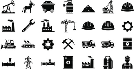 Collection of industrial and construction icons and symbols representing various aspects of heavy industry and engineering isolated on transparent background