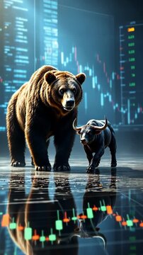 A brown bear and a black bull stand against a backdrop of financial charts, symbolizing market trends and investment strategies.