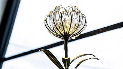 Elegant wireframe tulip lamp with glowing warm light and green leaves against a bright white background