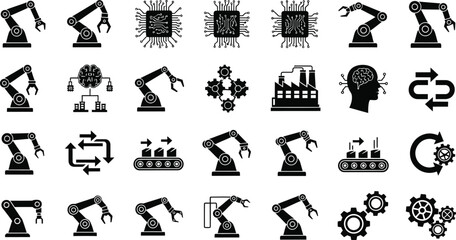 Collection of industrial robot arms microchips factory brain and gears icons representing automation and technology isolated on transparent background