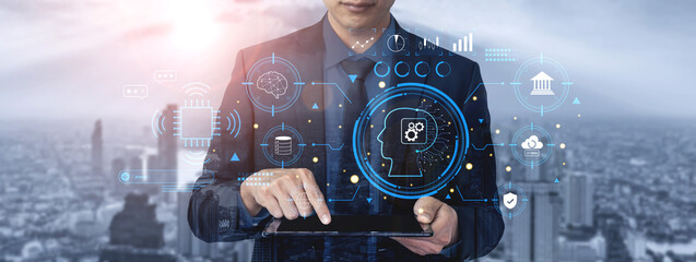 An advanced AI system for business and financial analysis. A futuristic interface for commanding an AI to process data from various domains. Motif