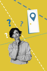 Art image vertical photo collage of minded girl stand geolocation icon question ark idea finding...