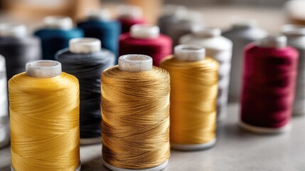 Colorful spools of thread arranged on a table in a sewing studio during daylight showcasing a variety of textures and shades