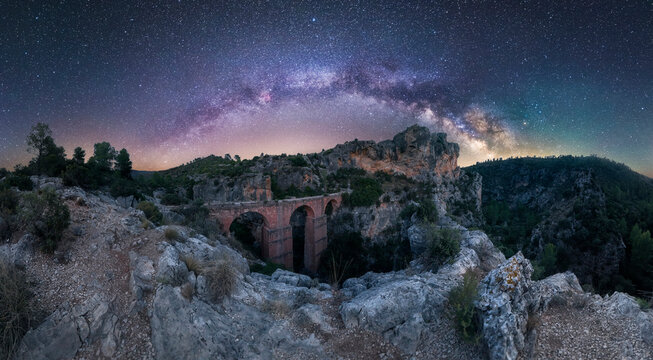 Milky Way Panorama Over the Roman Aqueduct of Pe&ntilde;a Cortada in Chelva, Spain