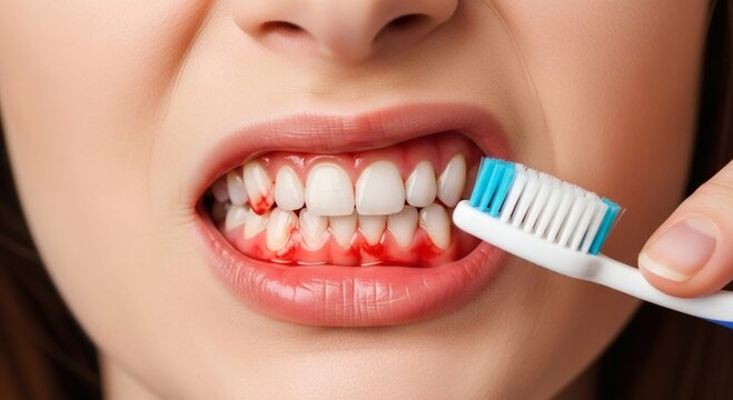 Bleeding and Inflamed Gums with Toothbrush Close-up.