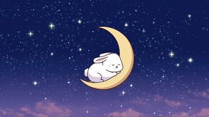 Cute bunny sleeping on a crescent moon amidst a starry night sky with twinkling stars