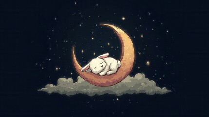 Cute bunny sleeping on a crescent moon under a starry night sky