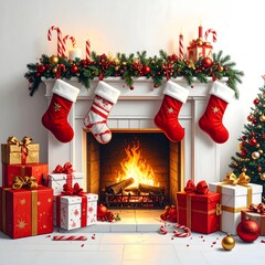 Cozy festive fireplace with Christmas tree and garlands high resolution image