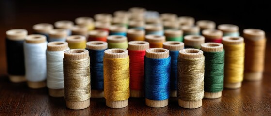 Colorful spools of thread arranged on a wooden surface showcasing a variety of hues and textures in a creative sewing environment