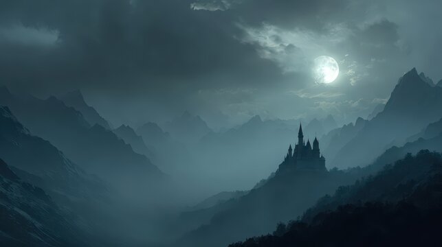 Mysterious castle shrouded in mist under a full moon in the mountains at night - Powered by Adobe