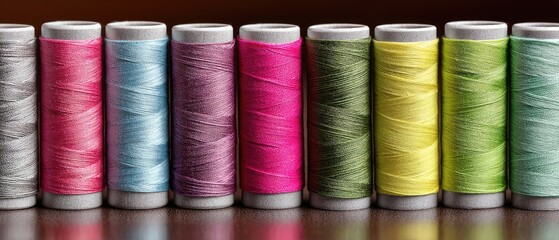 Colorful spools of thread neatly arranged on a wooden surface showcasing a variety of shades perfect for sewing projects