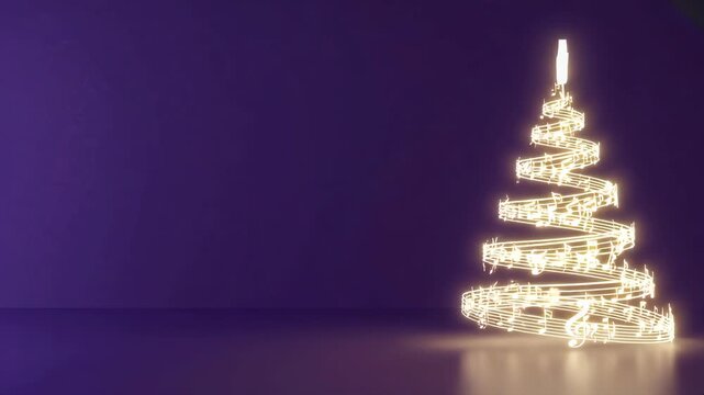 Christmas tree made of golden music notes and staff lines, glowing and spiraling upwards with a shining star on top, gradient background