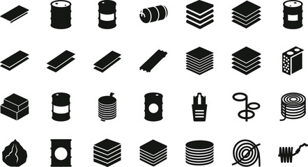 Collection of isometric icons representing various objects and materials isolated on transparent background