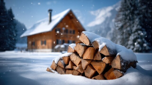 Cozy winter scene with a log cabin and firewood pile in the snow-covered landscape surrounded by mountains and trees