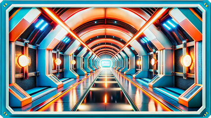 Vibrant futuristic sci fi tunnel with glowing neon lights and reflective floor creating a sense of depth and motion