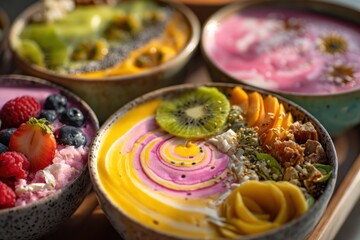 Colorful Smoothie Bowls With Kiwi, Berries, Mango, And Nutty Toppings &mdash; Bright, Fresh Breakfast Bowls For Wellness, Foodie, And Home Kitchen Scenes