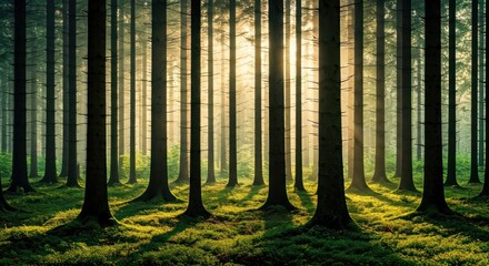 Sunlight filters through tall, straight trees in a dense forest, illuminating the green ground
