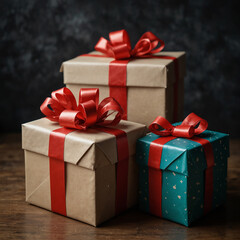 Fototapeta premium Beautiful Christmas Gift Boxes Wrapped in Red and Gold with Ribbons, Holiday Lights, and Festive Winter Spirit