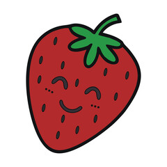 Obraz premium Cute smiling strawberry illustration with happy face and green leaves on white background. Adorable cartoon fruit design perfect for kids, stickers, or prints. Fun playful berry vector art. 