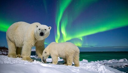 Polar bears in a snowy landscape with colorful aurora borealis
