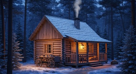 A cozy log cabin nestled in a snow-covered forest at dusk, with warm light glowing from its windows and smoke rising from the chimney.