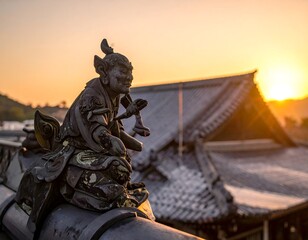 Statue atop temple roof at sunrise, rich in detail, silhouetted