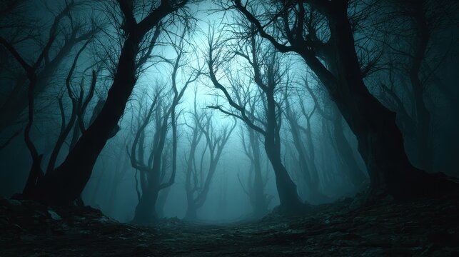 Mysterious fog envelops a dark forest at night revealing eerie silhouettes of twisted trees