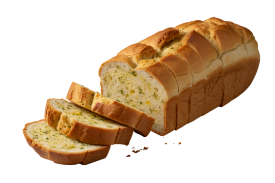 Golden baked loaf of garlic herb bread, sliced and ready to serve