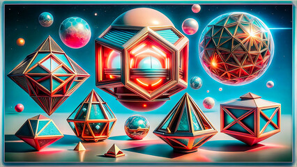 Collection of glowing ornate multifaceted geometric crystal shapes and orbs floating in a vibrant cosmic starry abstract background