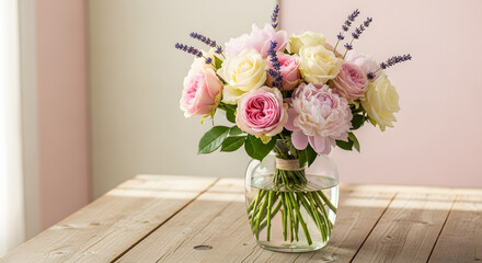 Beautiful pastel rose bouquet in a glass vase on a wooden tabletop with soft lighting