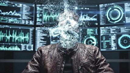 A figure before screens with algorithmic graphs and facial recognition. Lights dim as the face dissolves into coded particles, camera cranes up. Cold grey-blue tones, melancholic tech dystopia.
 - Powered by Adobe