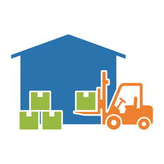 Orange forklift truck lifting green box in front of blue warehouse building with stacked boxes vector