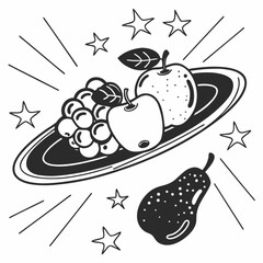 Minimilist a grayscale drawing of a plate of fruit with grapes apples and a pear surrounded by stars and lines around it vector