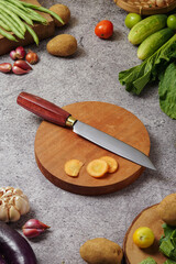 photo of a kitchen knife specifically for cutting vegetables and fruit, mirror and satin knife material