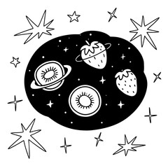 Minimilist black and white illustration of a fruit themed space scene with kiwi planets and strawberry planets in space vector