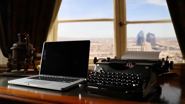 A Blend of Eras: A Vintage Typewriter and Modern Laptop on a Desktop with a Scenic View Through a Window