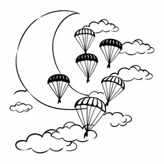 Minimilist illustration of crescent moon with parachutes and clouds in a whimsical black and white design style vector