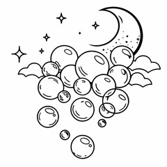 Minimilist illustration of a crescent moon with stars clouds and a cluster of bubbles in a black and white style vector