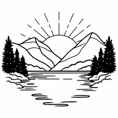 Minimilist black and white line art of a mountain range with trees and a lake under a rising sun illustration vector