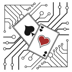 Minimilist two playing cards with heart and spade suits on a circuit board background illustration design style vector